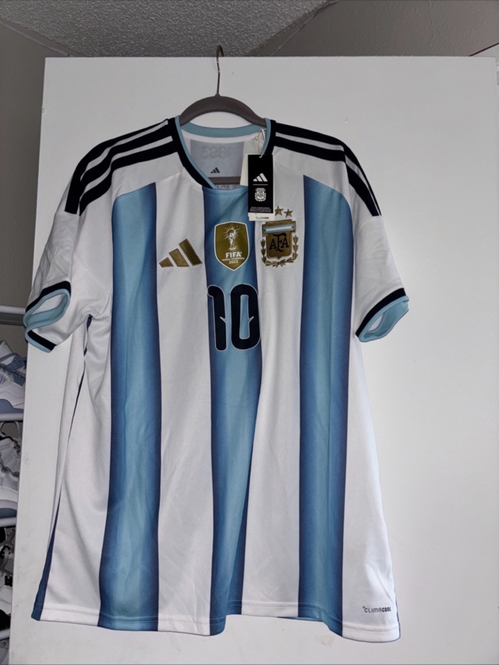 adidas Argentina Home Soccer Jersey - White & Light Blue with Gold Accents